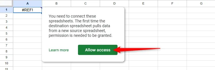 An alert in Google Sheets that tells the user that access is required, and the Allow Access button is highlighted.