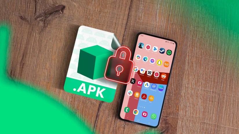 An APK icon next to a smartphone with a padlock between them.