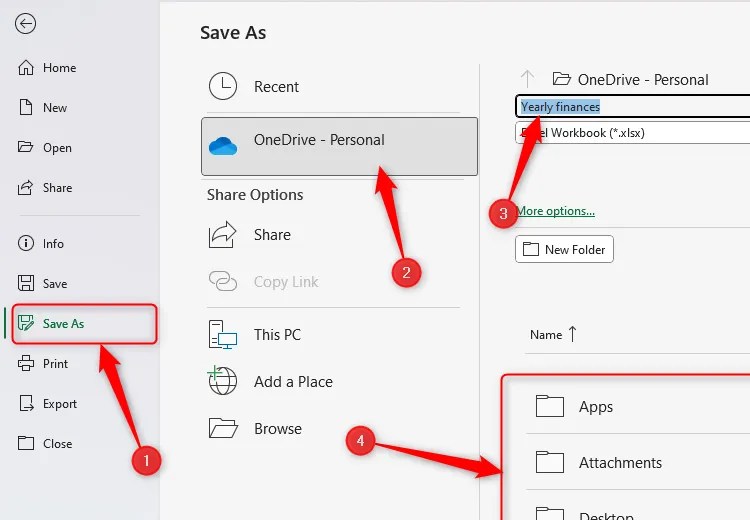 An Excel file being saved in a OneDrive folder.