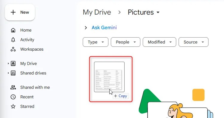 An image is clicked and dragged from a computer file to Google Drive.