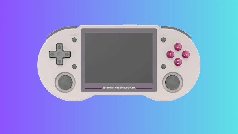 An ANBERNIC RG353PS retro handheld set against a bluish background.