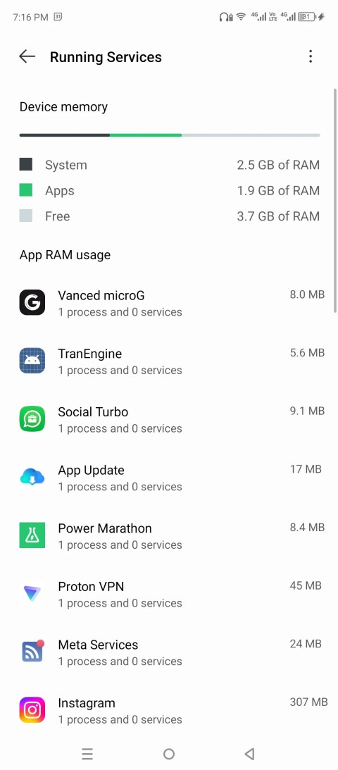 Running services show in developer options.