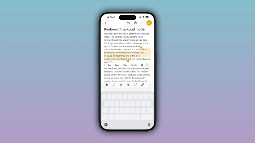 iPhone in keyboard trackpad mode, selecting some text in the Notes app.