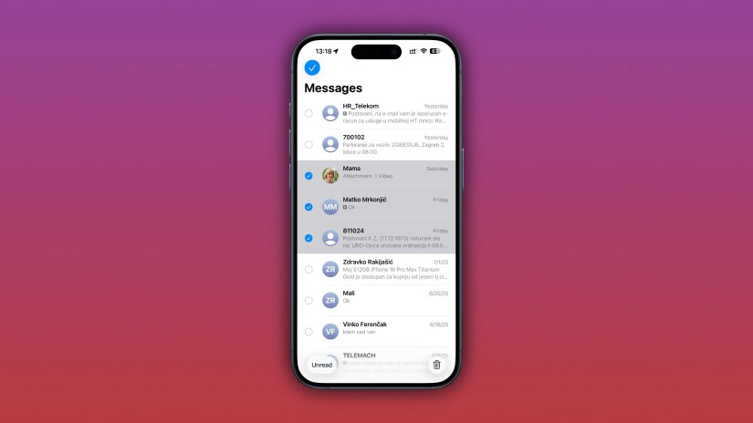 Apple iOS 26 Messages App Conversation List Edit Mode.