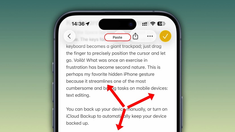 Safari on iPhone with some webpage text selected and a Paste banner displayed at the top, and three red arrow annotations suggesting pinching outward.