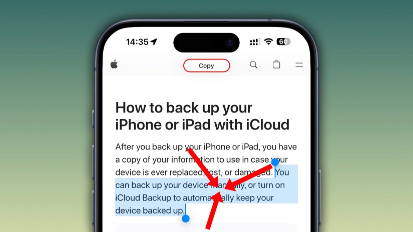 Safari on iPhone with some webpage text selected and a Copy banner displayed at the top, and three red arrow annotations suggesting pinching inward.
