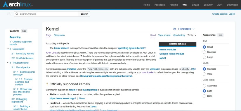 Arch Wiki kernel page.
