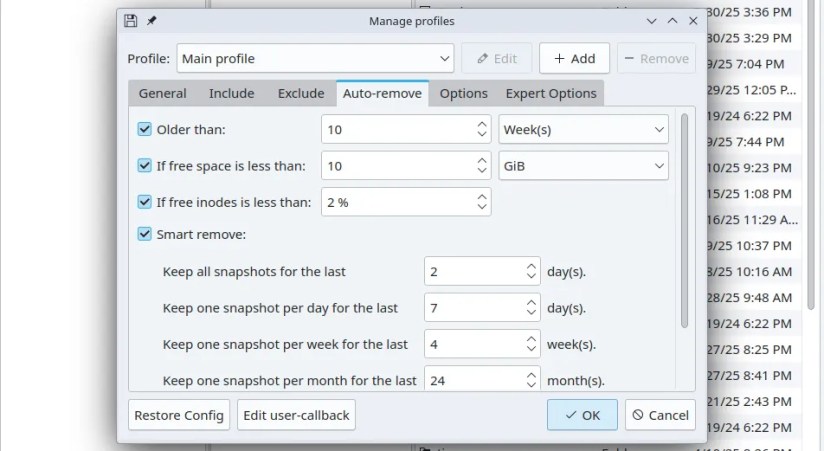 Auto-remove tab in the Back in Time app.