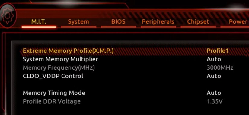 A screenshot of an Extreme Memory Profile for overclocking.