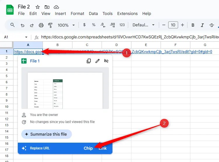 Chip is selected in the in-cell link pop-up window in Google Sheets.