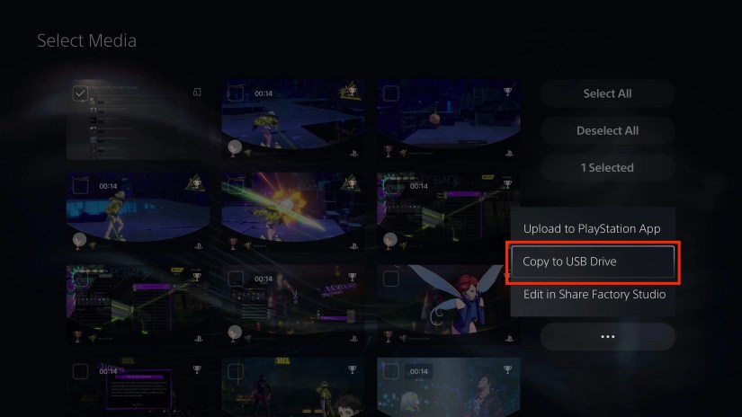 Choosing which media to copy to a USB drive on a PS5.