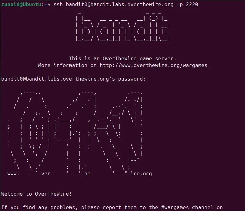 Connecting to OverTheWire Bandit server via SSH.