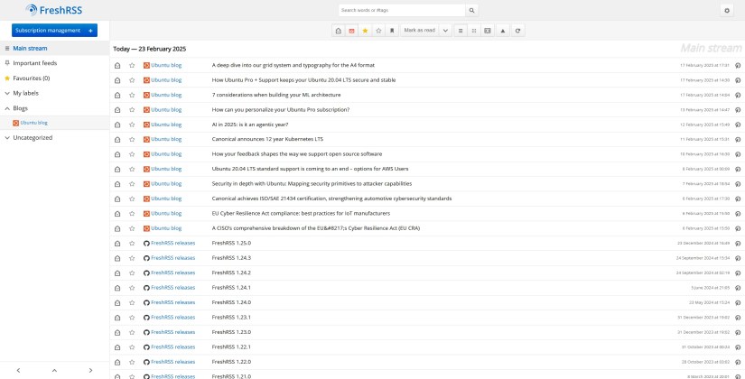 A list of RSS posts including blog entries and software releases.