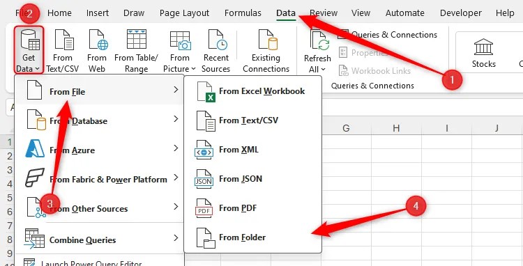 From Folder is selected in the From File section of the Get Data drop-down menu in the Data tab of Excel’s ribbon.