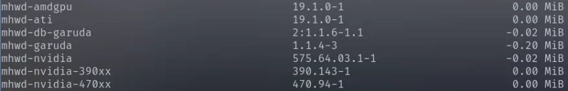 Garuda Linux update showing mhwd packages being removed.