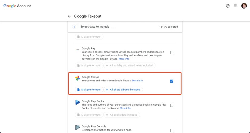 Google Takeout options.