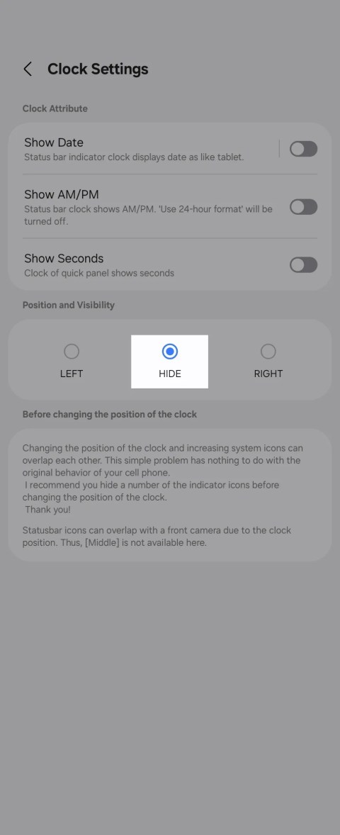 Hiding the clock from the status bar using Good Lock.