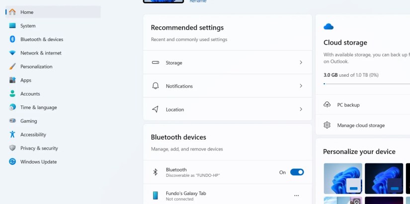 The Home screen of the Settings app.