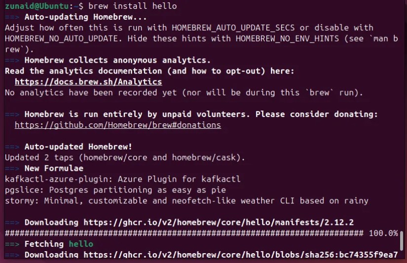 Installing a package on Linux using Homebrew.