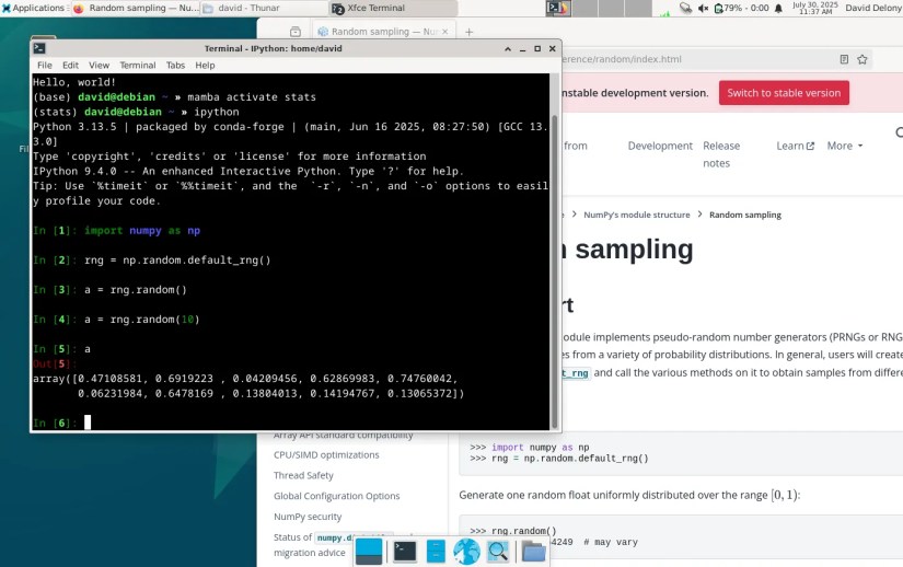 IPython session in a terminal with the NumPy random number documentation in a browser window on a Linux desktop.