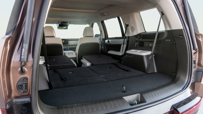 Close-up shot inside the trunk of a 2025 Hyundai Santa Fe Hybrid, showing the second and third row seats folded.