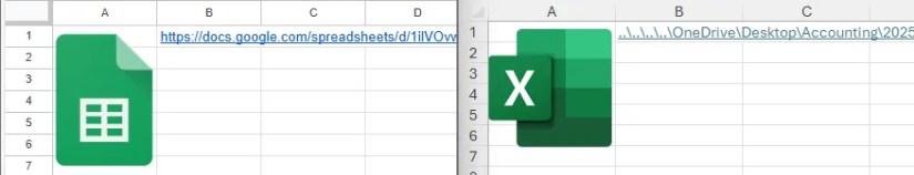 Links in Google Sheets and Microsoft Excel to other files created in the same respective programs.
