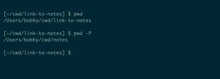 Examples of different output from the pwd command, including the -P option to show the full physical path.