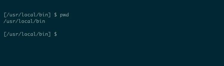 The pwd command prints the path of the working directory, in this case, /usr/local/bin.