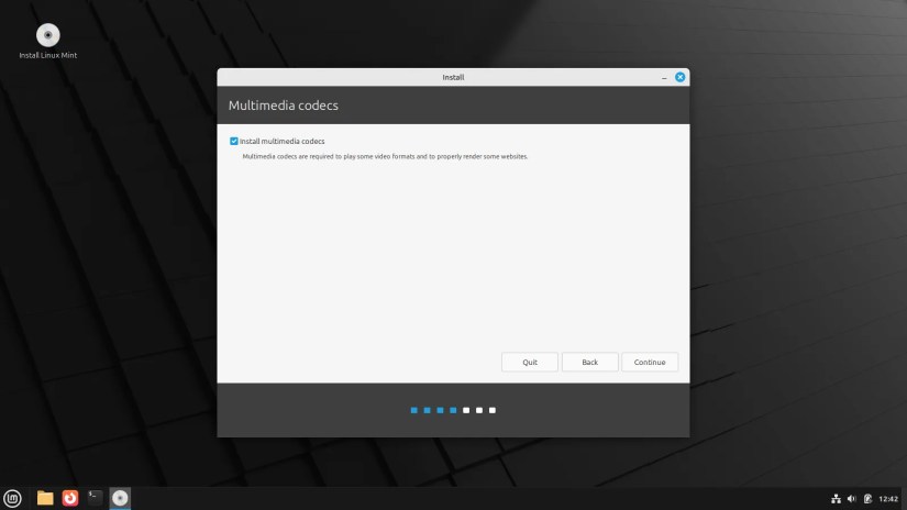 Linux Mint installer asking to install optional codecs.