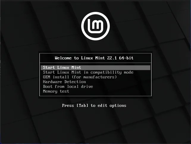 Linux Mint live grub boot screen.