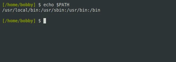Example output from echoing the PATH variable in a terminal. The value is &ldquo;/usr/local/bin:/usr/sbin:/usr/bin:/bin&rdquo;