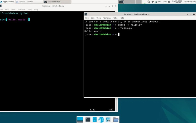 Linux desktop with Vim and shell in separate terminal windows.