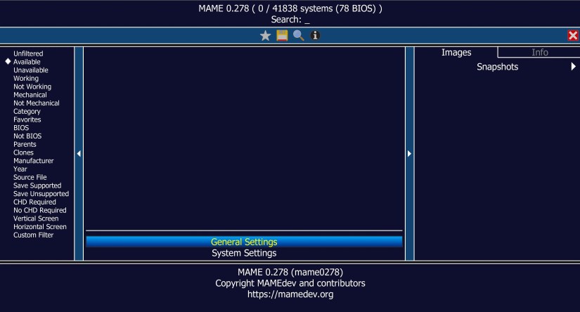 A screenshot of the MAME home screen on a Windows 11 PC.