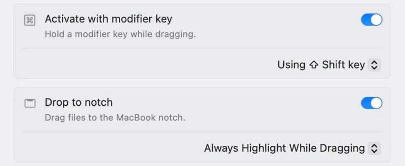 Drop to Notch option in Dropover settings toggled on.