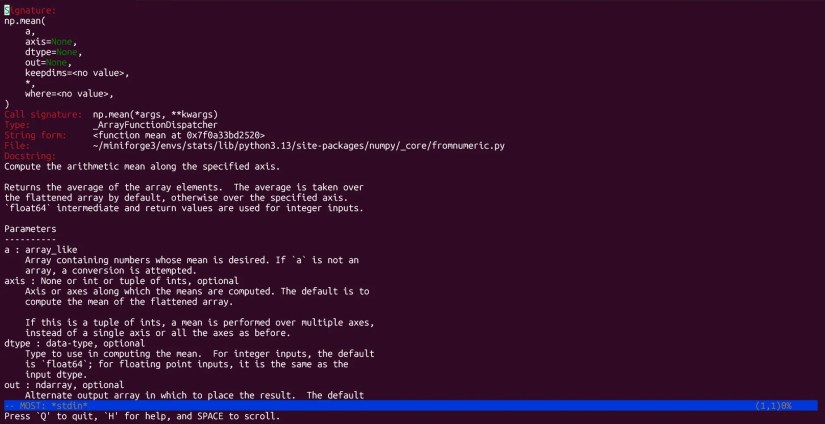 NumPY mean function help in IPython.