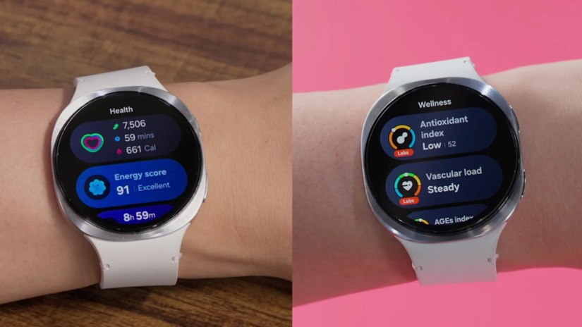 New One UI 8 Watch interface with multi-info tiles and fitness-tracing features.