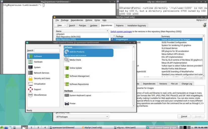 OpenSUSE with the generic icewm desktop and several applications open.