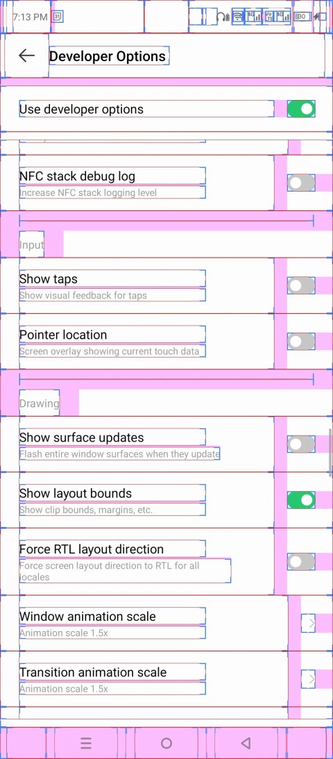 Shows layout bounds using Android developer options.