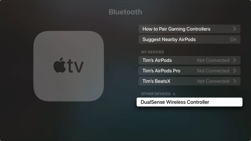 Pairing a DualSense controller with an Apple TV.