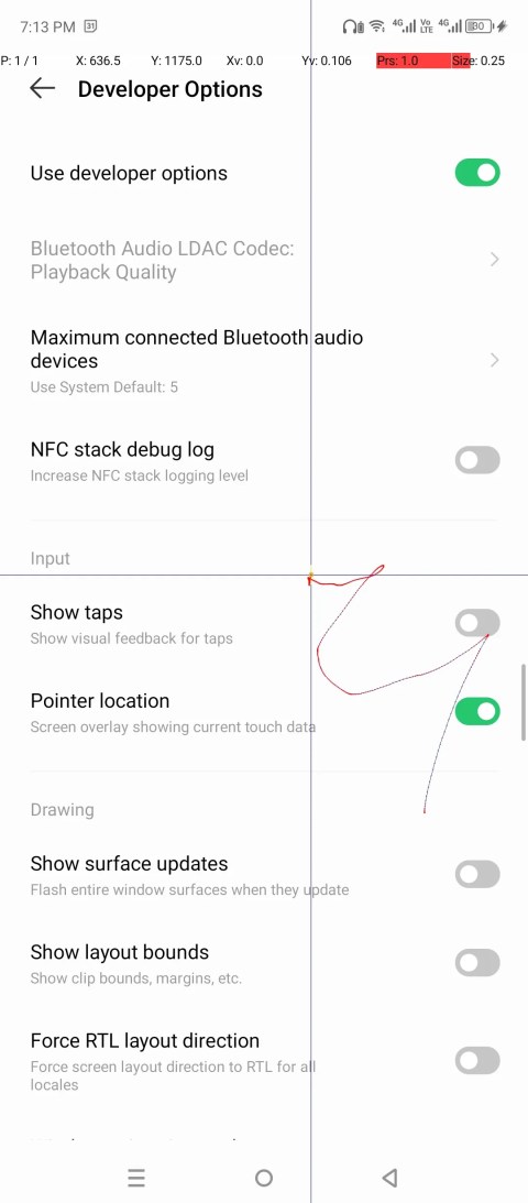 Pointer location on Android developer options.