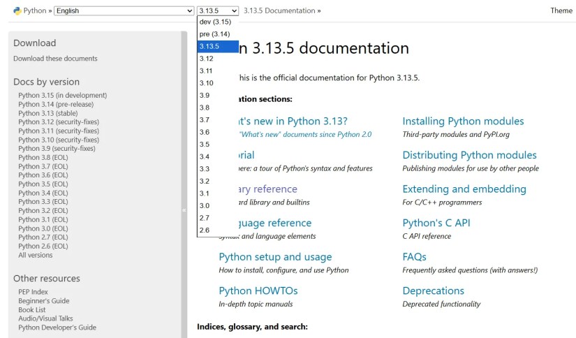 Python docs drop-down version selection menu.
