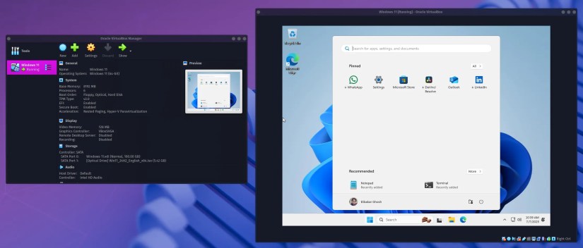 Running Windows 11 using Virtual Box on Linux.