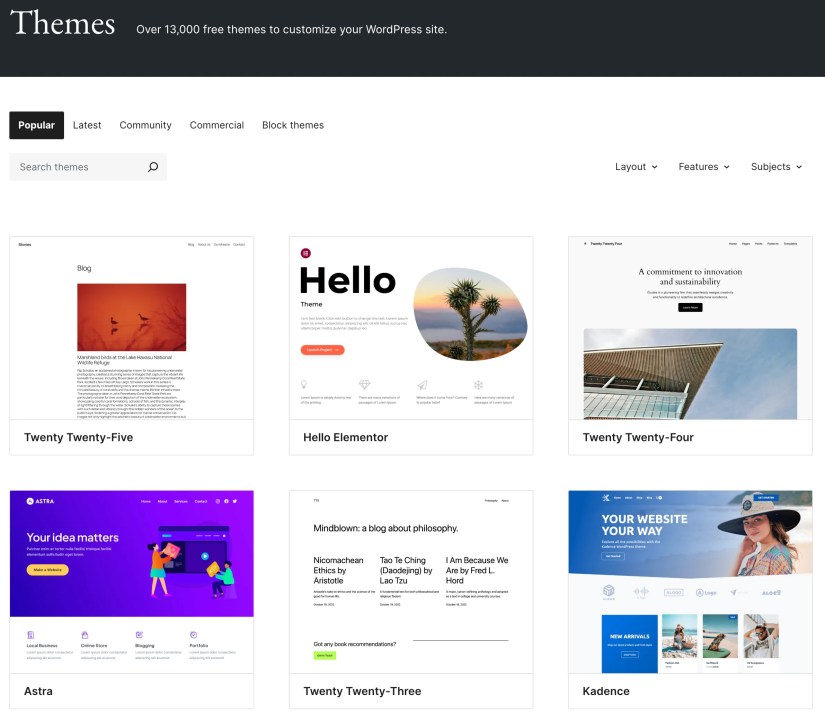 The WordPress Themes page showing six of the most popular WordPress themes from the official repository.