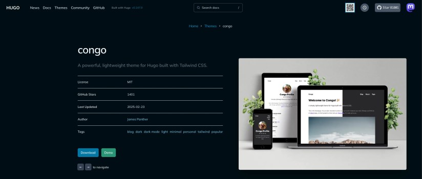The congo Hugo theme on the Hugo website.