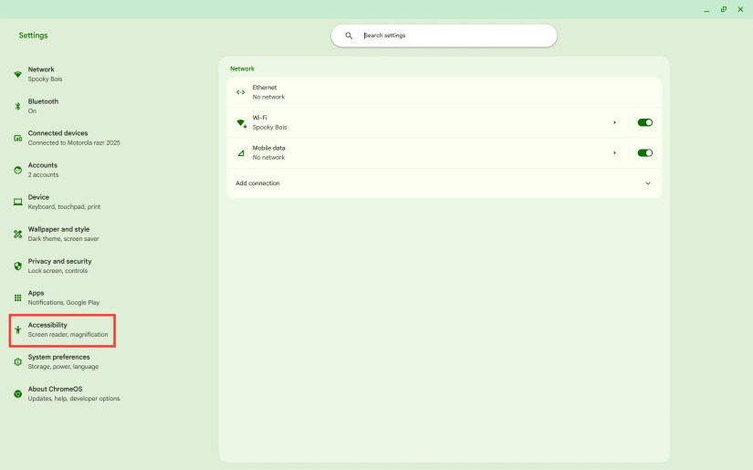Highlighting the Accessibility section in the Chromebook Settings app