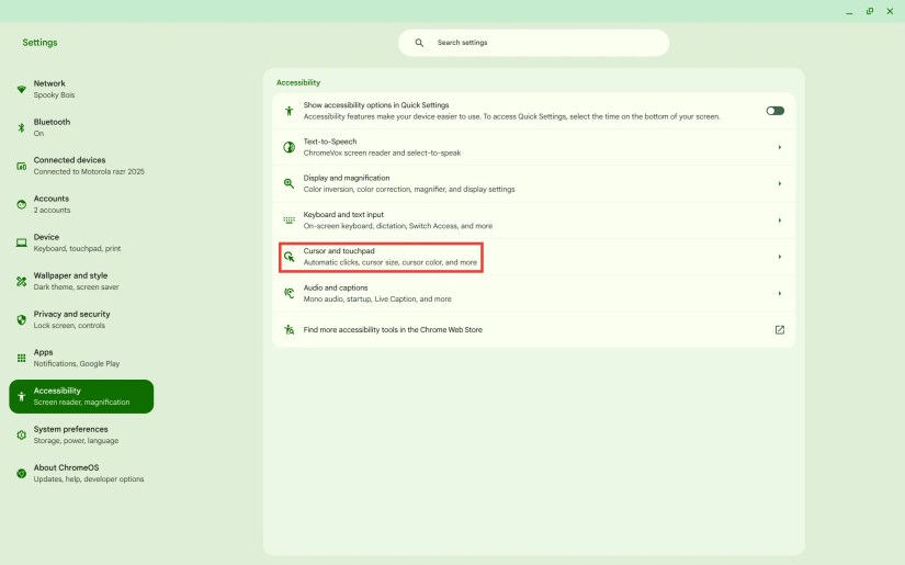 Highlighting the Cursor and touchpad options in the Accessibility section of Chromebook Settings