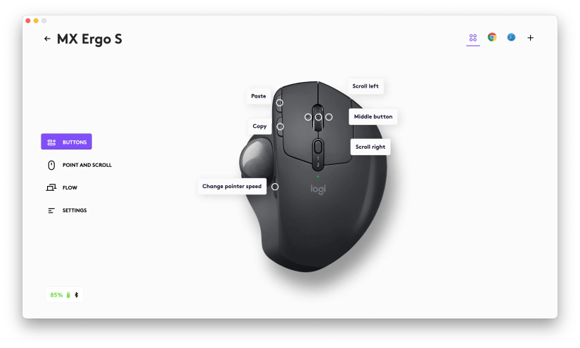 Logi Options software showing the button layout and battery level of the MX Ergo S