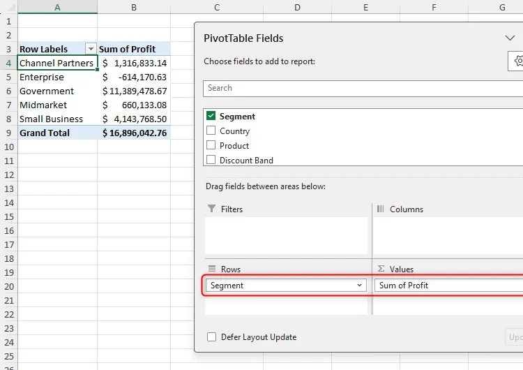 Segment is in the Rows area of Excel’s PivotTable Fields pane, and Sum Of Profit is in the Values area.