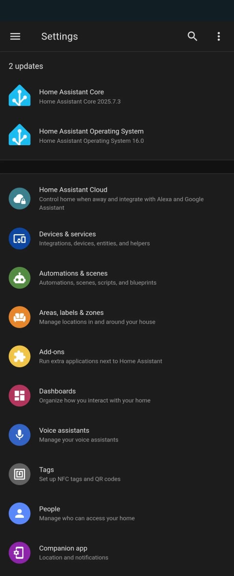 Settings in the Home Assistant Android app.
