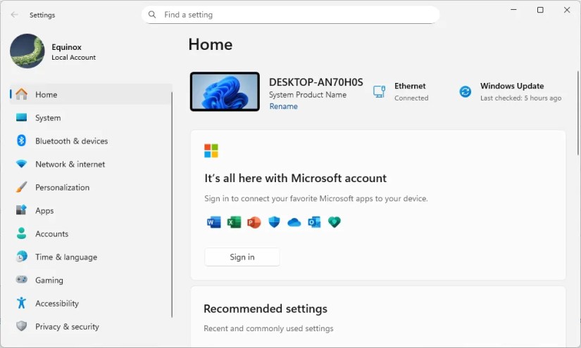 The Settings menu on Windows 11.